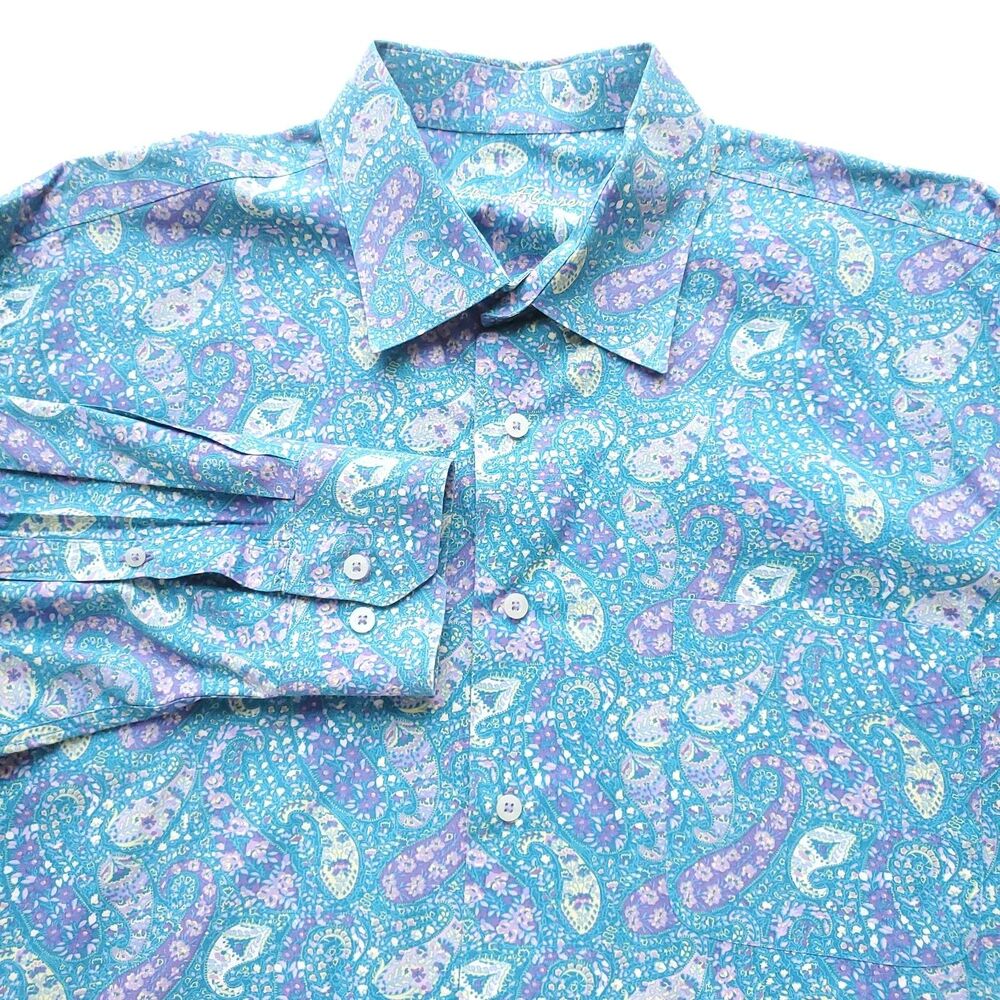 Alan Flusser Paisley Shirt Mens XL Blue Purple Cotton Button Down Preppy Hipster